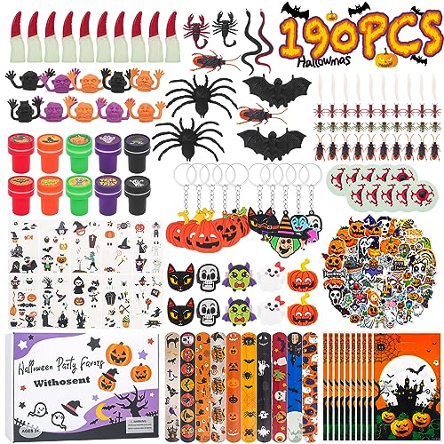 190 Stück Halloween Party Mitgebsel Kindergeburtstag, Halloween Deko Party Spielzeug Zubehör mit Geschenke Box, Halloween Pinata Füllung Spinne Fledermaus Augen Fingerlinge Tattoo für Kinder von Withosent