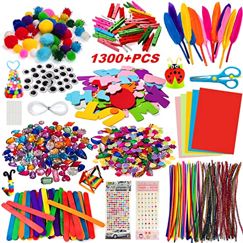 Bastelset Kinder, 1300+PCS Withosent DIY Basteln Bastelkoffer, Bastelzubehör Bastelmaterial Scrapbooking, Pfeifenreiniger, Pompons, Federn, Perlen, Wackelaugen, Pailletten Bastelbedarf für Kleinkinder von Withosent