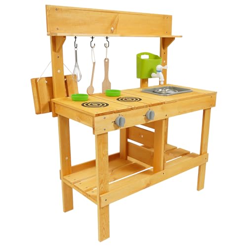 Classic Mud Kitchen Hölzerne Matschküche Outdoor Kinderküche aus Holz mit Topf Wasserhahn & Schneebesen Matsch und Sinnesspiele Toys Für Kinder ab 3 Jahren von Wiyuer