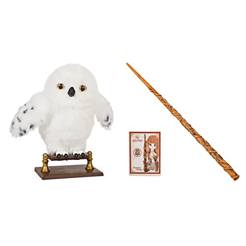 Wizarding World Harry Potter - Interaktive Plüsch-Eule Hedwig & Harry Potter - Authentischer Hermine Granger Zauberstab aus Kunststoff mit Zauberspruch-Karte, ca. 30,5 cm, ab 6 Jahren, Fanartikel von Wizarding World