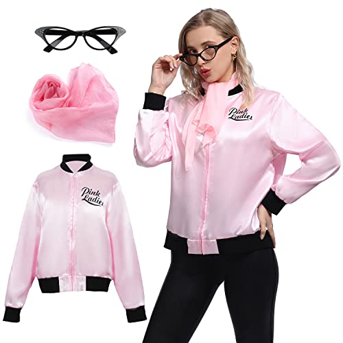 Wizland Damen Rosa Damen Fett Jacke für Halloween Cosplay Kostüm 1950er Jahre Rosa Satin Jacke mit Halstuch und Augenbrille M von Wizland