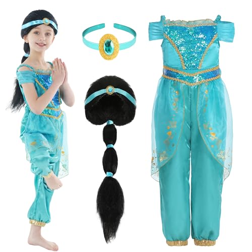 Wizland Kinder Jasmin Prinzessin Kostüm mit Perücke, Pailletten Prinzessin Kostüm Set, Mädchen Tanz Fancy Kleid Outfit 7-8 Jahre Wizland Kinder Jasmin Prinzessin Kostüm mit Perücke, Pailletten Prinzessin Kostüm Set, Mädchen Tanz Fancy Kleid Outfit 7-8 Jahre von Wizland