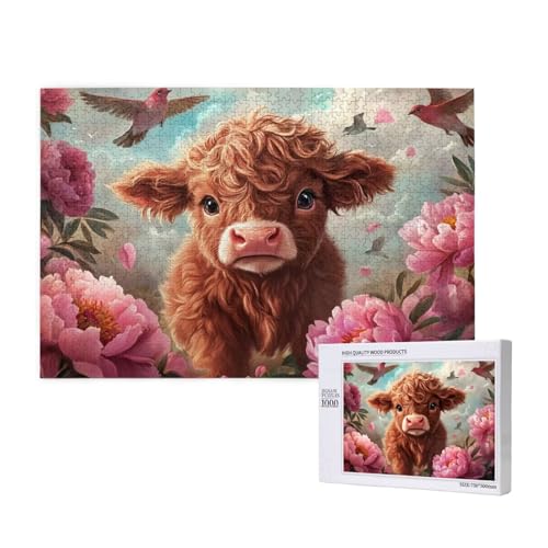 Hochlandrinder Puzzle 1500 Teile Erwachsene, Blume Puzzle Design für Erwachsene und Kinder ab 5 Jahren, Farbe Puzzel mit Geschenkbox Verpackung for Zimmer Deko Wohnzimmer, Geschenke für Frauen -3305 von Wjffnzbz