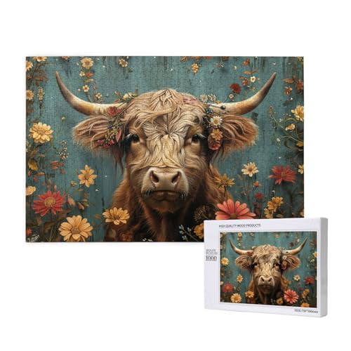 Hochlandrinder Puzzle 300 Teile Erwachsene, Blume Puzzle Design für Erwachsene und Kinder ab 5 Jahren, Farbe Puzzel mit Geschenkbox Verpackung for Zimmer Deko Wohnzimmer, Geschenke für Frauen -4072 von Wjffnzbz