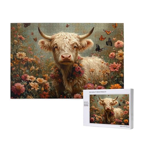 Hochlandrinder Puzzle 500 Teile Erwachsene, DIY Blume Puzzle Design für Erwachsene und Kinder ab 5 Jahren, Farbe Puzzel mit Geschenkbox Verpackung for Zimmer Deko Wohnzimmer, Geschenke für Frauen -448 von Wjffnzbz