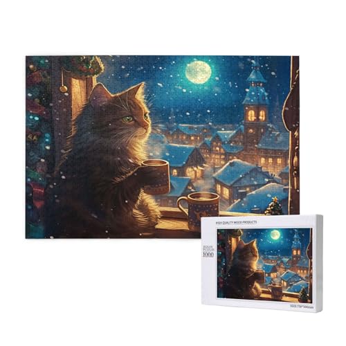 Katze Puzzle 1000 Teile Erwachsene, DIY Mond Puzzle Design für Erwachsene und Kinder ab 5 Jahren, HD Farbe Puzzel mit Geschenkbox Verpackung for Wand Zimmer Deko Wohnzimmer, Geschenke für Frauen -1244 von Wjffnzbz