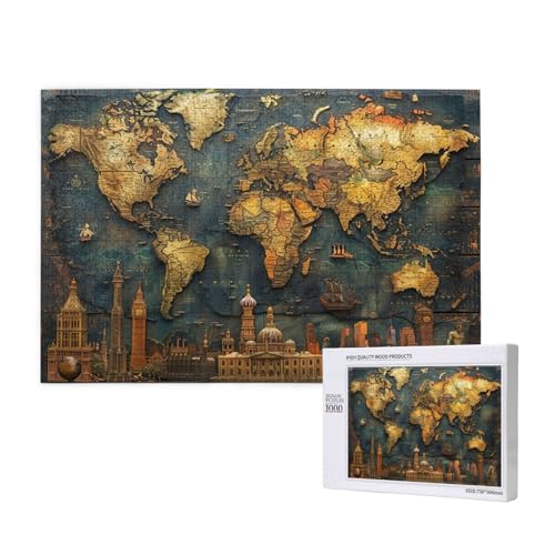 Weltkarte Puzzle 1000 Teile Erwachsene, DIY Retro Puzzle Design für Erwachsene und Kinder ab 5 Jahren, HD Farbe Puzzel mit Geschenkbox Verpackung for Zimmer Deko Wohnzimmer, Geschenke für Frauen -1359 von Wjffnzbz