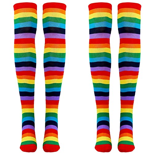 Wlauqueta 4 x gestreifte Socken in Regenbogenfarben, auf dem Knie, Clown-Kostüm, gestreift, Strümpfe, für Halloween-Partys, Cosplay von Wlauqueta
