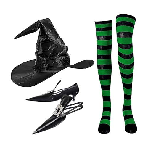 Wlikmjg Halloween-Hexe-Kostüm,Halloween-Kostüme für Damen - Halloween-Anzieh-Cosplay-Set | Gruselige spitze Hexenschuhe-Dekoration, gestreifte kniehohe Socken, Hexenhut-Set für Halloween- von Wlikmjg