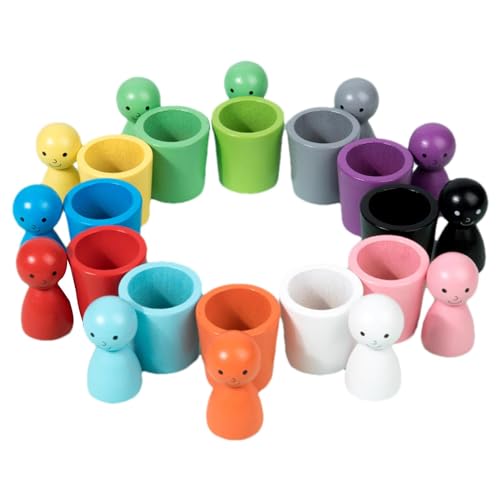 Wlikmjg Peg Dolls in Cups Holz,Peg Dolls mit Cups,Spielset zur Farberkennung - Farblich passendes Kleinkindspielzeug für Kinder ab 3 Jahren, Lernspielzeug aus Holz zum Erlernen des Farbsortierens und von Wlikmjg