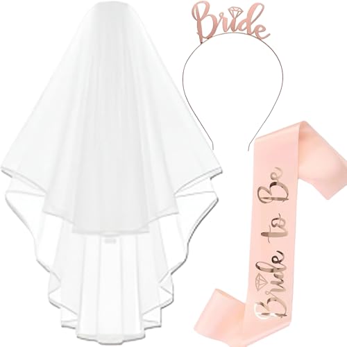 3 Stück Accessoires für Bride to Be, Junggesellenabschied Set - Bride to be Weißer Schleier, JGA Rosegold Stirnband Tiara, Gürtel, Hochzeit Fotorequisiten Spiele Zubehör für Bachelorette Party von WoRuyKot