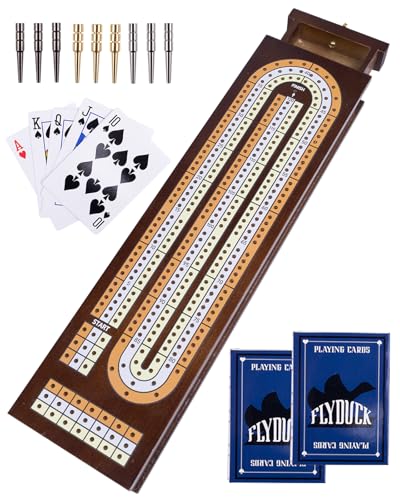 Cribbage-Brettspiel-Set aus Holz, traditionelles Cribbage-Brettspiel, Massivholz, 3 Schienen, 9 Metallklammern, 2 Spielkartendecks, lustiges Tischspiel, Spielabend, Reisen (Handbuch im Lieferumfang von WodGod