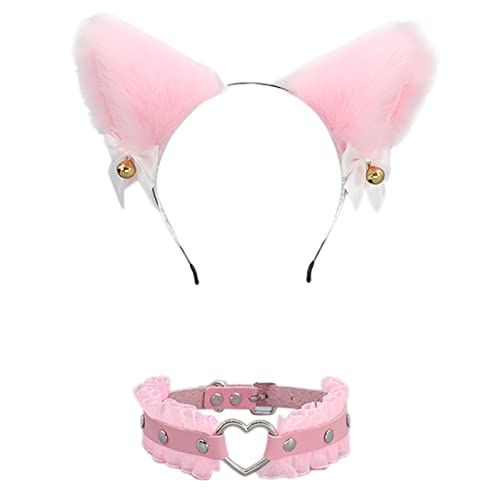 Ohren Stirnband Herz Halskette Plüsch Katzenohren Haarbänder für Frauen Katze Cosplay Verkleidung Party Cosplay Verkleidung von Woedpez