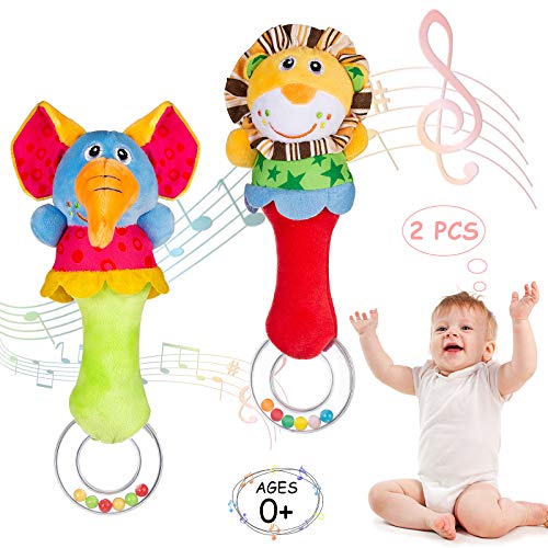 WolinTek 2 Pcs Baby Rasseln,Greifling zum Rasseln,Cartoon Tier Rassel Kleinkind Spielzeug weiche Flock Stoff mit Klingel Glocke. rassel für Babys und Kleinkinder ab 2-12 Monaten (Elefant, Löwe) von WolinTek