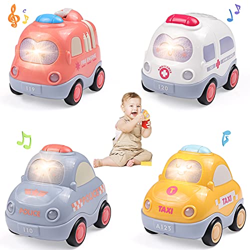 WolinTek 4 PCS Push and Go Auto mit Licht und Musik,Früherziehung Autos Spielzeug für Jungen und Mädchen 1 2 3 4 5 Jahr,Friktionsbetriebene Spielzeugfahrzeuge von WolinTek