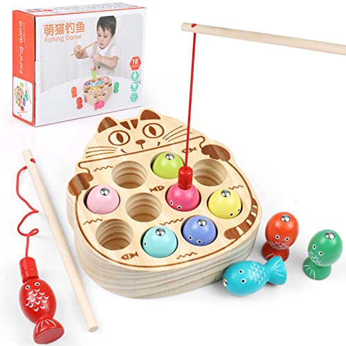 WolinTek Kinder Holzspielzeug Angelspiel,Montessori Lernspielzeug Spielzeug, Magnetische Angelspiel,10 Stück Angelspiel Lernspiele Geschenk für ab 2 Jahre Junge Mädchen von WolinTek