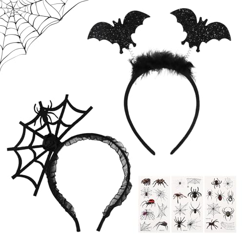 Halloween Haarreif Spinne Fledermaus, Halloween Haarschmuck Fledermaus Spinnen, Kopfschmuck Fledermaus Spinne mit Tattoos für Kinder Damen Kostüm Accessoires zum Halloween Karneval Fasching von Wolkstello