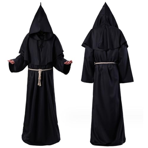 Mönch Robe, Männer Prister Gewand Kostüm, Schwarz L Mittelalterliche Robe mit Kapuze, Kostüm Mönch mit Kreuz und Kordel, Herren Mönchskutte Kostüme für Mottoparty Halloween Cosplay Karneval Fasching von Wolkstello