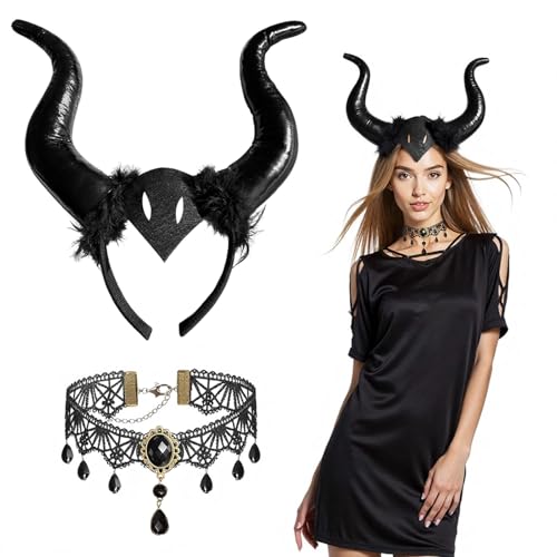 Wolkstello 2 Pcs Königin Hörner Kopfschmuck,Teufelshörner haarreif,Schwarz hörner Haarreif mit Gothic Spitze Halskette,Devil horns Zubehör für Karneval, Cosplay, Maskerade, Halloween, Party von Wolkstello