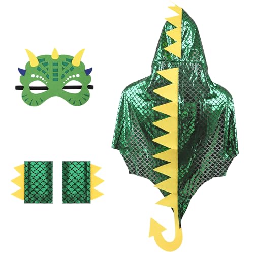 Wolkstello Dinosaurier Umhang Kinder, Dino Kostüm mit Maske Handgelenkbänder, Drachen Kostüm, Dino Cape mit Kapuze, Drachen Mantel für Karneval Fasching Halloween Cosplay Mottoparty von Wolkstello