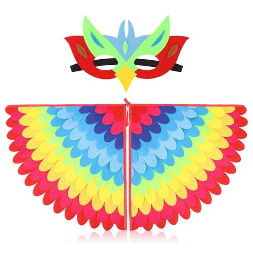 Wolkstello Vogelflügel Kostüm Kinder, Papagei Kostüm Umhang mit Filzaugen Maske, Papagei Kostüm Kinder, Vogeleule Adler Papagei Kostüm für Jungen Mädchen Karneval Fasching Halloween Cosplay Party von Wolkstello