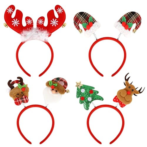 Wolkstello 4 Stück Weihnachten Haarreif,Weihnachten Stirnband，Weihnachts Haarschmuck für Kinder Erwachsene,Weihnachts Geweih Weihnachtsbaum Schneemann Stirnbänder mit für Weihnachtsfeiern von Wolkstello