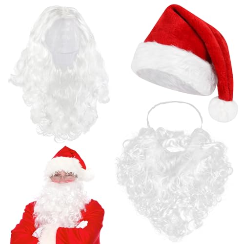 Wolkstello Weihnachtsmann Bart + Perücke + Mütze, Nikolaus Bart und Perücke, Weihnachtsmann Mütze, Santa Claus Perücke Bart Weiß Christmas Hat 3 in 1 für Nikolaus Kostüm Cosplay von Wolkstello