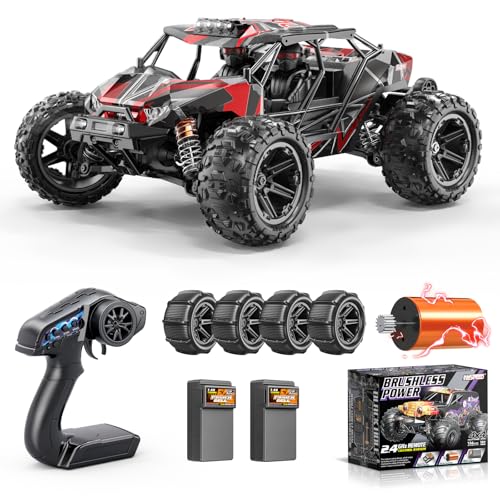 1/14 Brushless RC Auto für Erwachsene & Jungen, mit Voll-Metall-Käfig, 4WD Hochgeschwindigkeit 52 km/h, All-Terrain ferngesteuerter RC Truck mit zwei 2S 1500 mAh LiPo Akkus, kompatibel mit 3S LiPo von Womaqu