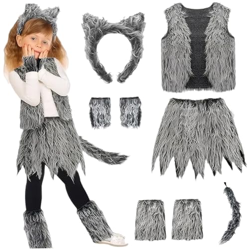 1 Set Wolf Kostüm, Werwolf Kostüm -Set umfasst Wolf Ohr, Schwanz, Tops, Röcke, Handschuhe und Beinwärmer für Kinder Cosplay -Party von Womsclo