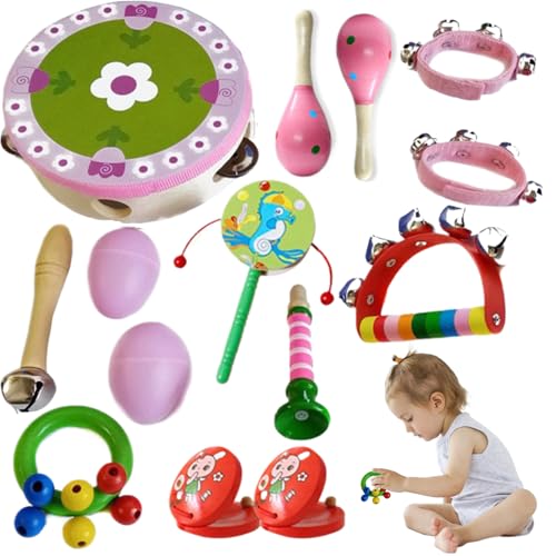 13pcs/Set Kids Musical Instrumente Holz Kleinkind -Musikinstrumente mit Trommeln, Tamburinen und sensorischeren Baby -Musikinstrumenten für Jungen und Mädchen (zufällige Farbe) von Womsclo