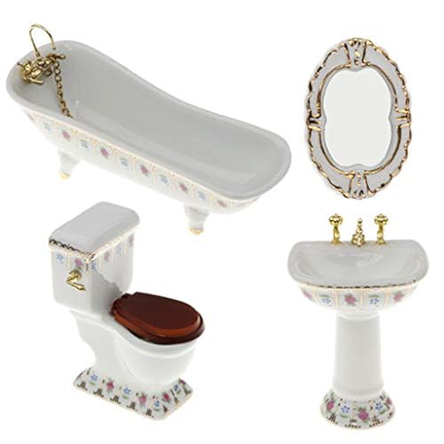 4PCS/Set Dollhouse Möbelset, 1/12 Porzellan Dollhouse Badezimmerset, einschließlich Puppenhaus -Toilette, Badewanne, Spülen und Spiegelrealistischer Miniaturmöbel DIY Dollhouse Accessoires von Womsclo