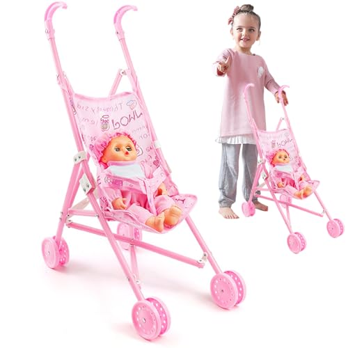 Babypuppe mit Kinderwagen 2pcs Set faltbare realistische Babypuppenwagen weiche hautfreundliche Puppen-Kinderwagen-Kinderwagen-Kinderwagen-Spielzeug für Rollenspiele, interaktives Spiel, Treps Play von Womsclo