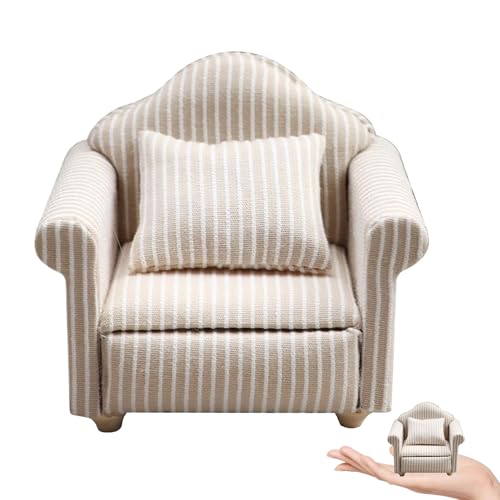 Womsclo Dollhouse Couch 1/12 Miniatur Beige Stripe Dollhouse Stuhl mit dekorativem Wurfkissen Multifunktional Dollhouse Möbel für Dollhouse Wohnzimmer Schlafzimmer, Single Couch, Dollhouse Couch von Womsclo