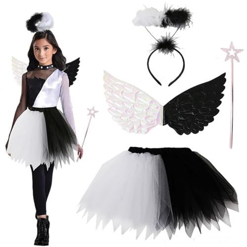 Engel Kostüm für Mädchen Schwarz -Weiß -Engel Kostüm Beinhaltet Rock, Zauberstab, Wing & Stirnband Weihnachten Halloween Kostüme für Mädchen für Party, Cosplay, Bühne, Engel Kostüm für Mädchen von Womsclo