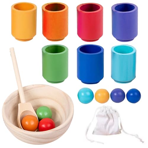 Farbsortierspielzeug für Kleinkinder Regenbogenbälle im Cup -Spiel Holzsorter -Farb -Matching -Spielzeug mit Schalen-, Löffel- und Aufbewahrungsbag -Bildungsspielzeug für 3 -Jährige, Farbsortierspiel von Womsclo