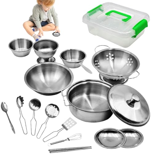 Kindertöpfe und Pfannen -Set Simulation Kinder Kochsets mit Aufbewahrungsbox Metal Toy Pots und Pfannen für das Spielen Geburtstagsgeschenk, Kindertöpfe und Pfannenspiel -Set von Womsclo