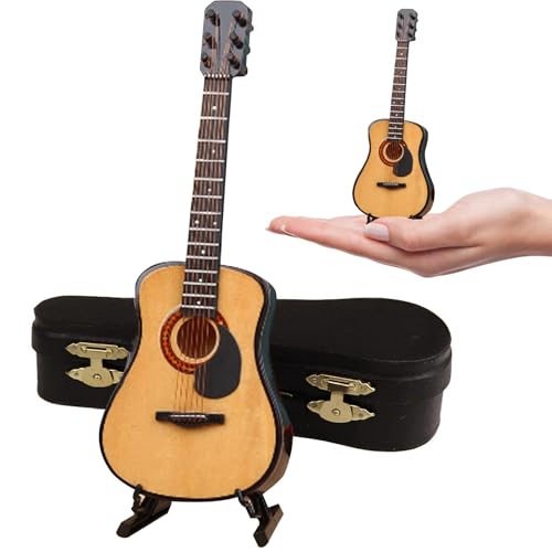 Mini -Gitarre, 3,9 Zoll winzige Gitarre -Holz -Miniatur -Gitarre mit Stand- und Koffer -Spielzeuggitarre für Dollhouse Home Decor Style 1, Mini -Gitarre von Womsclo