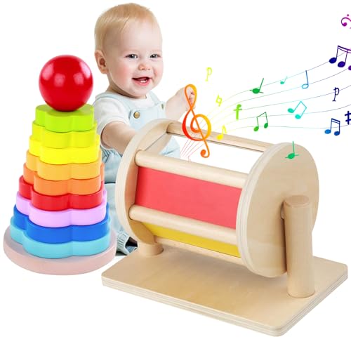 Spinnentrommel mit Stapelringen Holz Regenbogen Baby Sinnesspielzeug Entwicklung Bildung Baby Safe Kleinkindspielzeug Geburtstagsgeschenk, Spinnentrommel von Womsclo