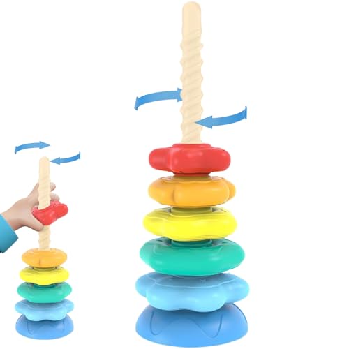 Spinning Fidget Toy, farbenfrohe Plastik-Spin-Spielzeug mit Basis 6 Regenbogenringstapler Angst Stress Relief Spin-Spielzeug sensorisches Bildungsdekompressionsspielzeug für Kleinkinder 1-2, Spin Art von Womsclo