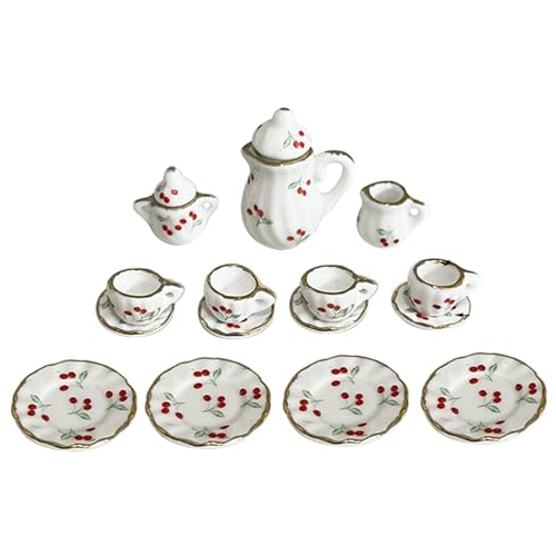 Womsclo 15pcs Miniaturpuppenhauszubehör, Mini -Tee -Set 1/12, EIN Mini -Kirschen -Muster von Keramik -Teekannen Tasse mit goldenem Trimm -Esszimmer Dollhouse Küchenzubehör von Womsclo