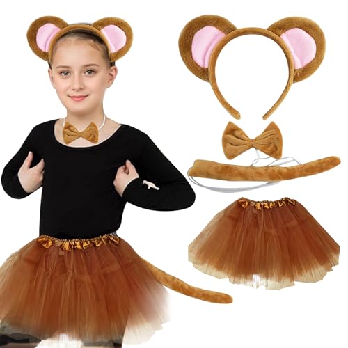 Womsclo 4PCS/Set Monkey Kostüm Einer Größe Halloween Kostüme enthält Affenohren Stirnband, Bowtie, Long Tail, Prinzessin Kleid Tierkostüm Set für Halloween Cosplay Dress Party für Kinder von Womsclo