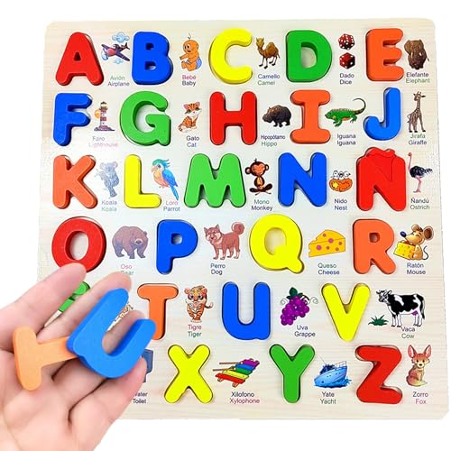 Womsclo Alphabet -Puzzle -Set, spanisches Alphabet -Kleinkind -Rätsel, Holzname -Puzzletafeln mit Bildern, Bildungs ​​-ABC -Puzzle -Erkennungsblöcke für Jungen und Mädchen, Alphabet -Puzzle von Womsclo