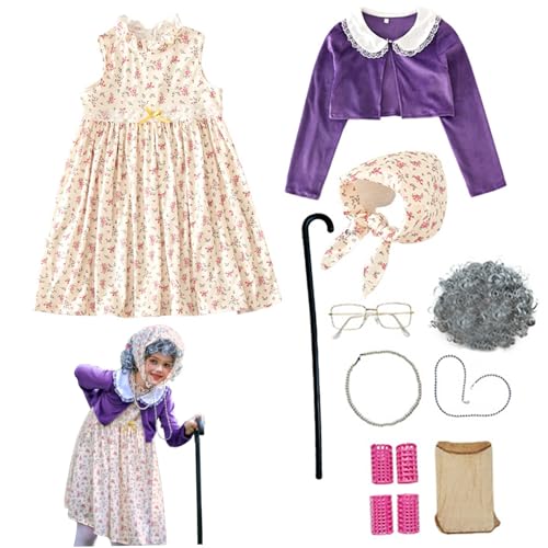 Womsclo Altes Lady -Kostüm für Kinder, Set von 10 PCS Kids Old Lady Kostüm mit Perücke, Kleid, Mantel und Accessoires, 100 Tage Schultage (110 cm) von Womsclo