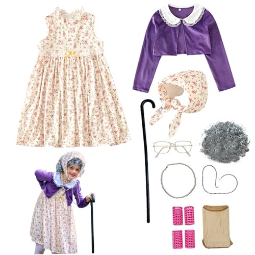 Womsclo Altes Lady -Kostüm für Kinder, Set von 10 PCS Kids Old Lady Kostüm mit Perücke, Kleid, Mantel und Accessoires, 100 Tage Schultage (130 cm) von Womsclo