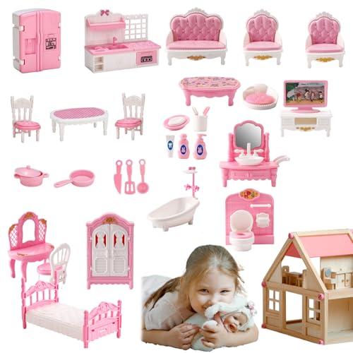 Womsclo Dollhouse Möbel 4 Sets realistische Miniaturpuppenhausmöbel Set für Schlafzimmer, Badezimmer, Küche und Wohnzimmer DIY Dollhouse Accessoires für das Spielen, Dollhouse Möbel Set von Womsclo