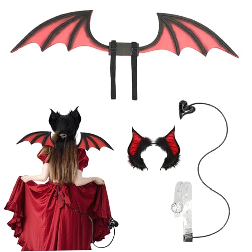 Womsclo Fledermauskostüm für Frauen, 3PCS -Teufelflügel mit Fledermaus -Stirnband und Herzschwanz, Dress -up -Kostümzubehör für Cosplay -Party von Womsclo