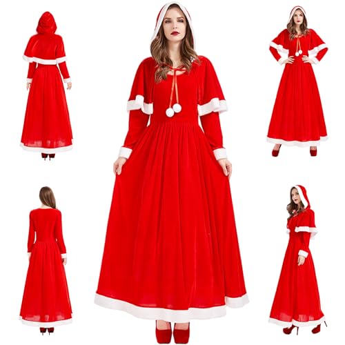 Womsclo Frau Claus Kostüm erwachsene Frauen, weicher bequemer runder Nacken Frau Claus Kleid mit Kapuzenschal, Weihnachtskostüm mit großen Hemlen für Weihnachten Cosplay Party, S, Frau Claus Kostüm von Womsclo