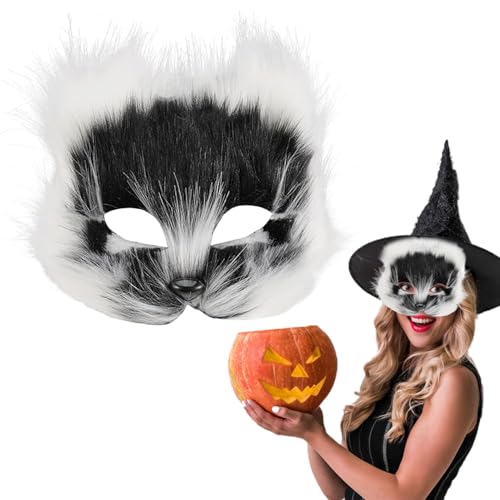 Womsclo Halloween pelzige Maske Faux Pelze Fuchs Maske atmungsaktive halbe Gesichts -Katzenmaske Tiermasken mit verstellbarem Riemen für Maskerade Halloween Themenparty, Therian Maske von Womsclo