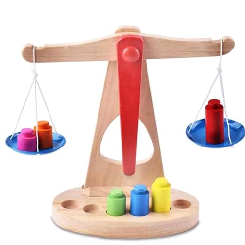 Womsclo Hölzerne Gleichgewichtsskala Spielzeugmathematik Learning Waage Skala Kinder Bildungsinstrumente mit 6 Gewichten, Balance Scale Toy von Womsclo