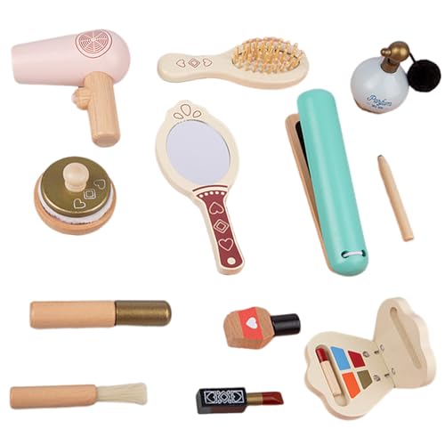 Womsclo Hölzernes Make-up für Kleinkinder 3-5, Spiel Make-up Set für Kinder 3-5, Kleinkind-Make-up-Kit mit Lockeneisen, Haartrockner, Kamm, Spiegel, Lippenstift, Mascara, Parfüm von Womsclo